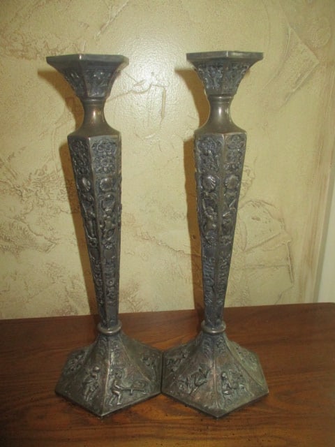 Pair of Bronze Relief Candle Sticks (1 of 5)