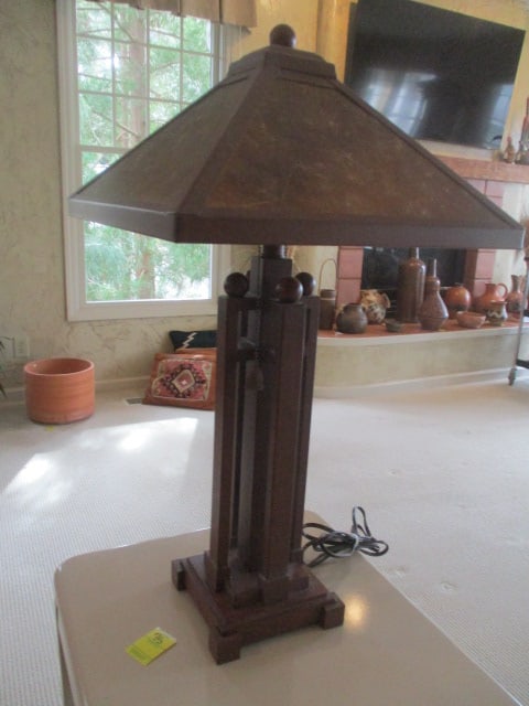 Copper Patina Finish Arts & Craft Style Table Lamp with Mica Shade (1 of 6)