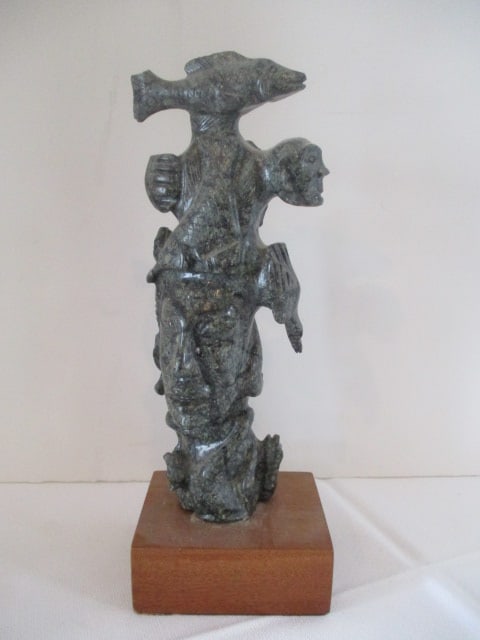 Sculpted Stone Tribal Totem with Wood Base: 11"h 