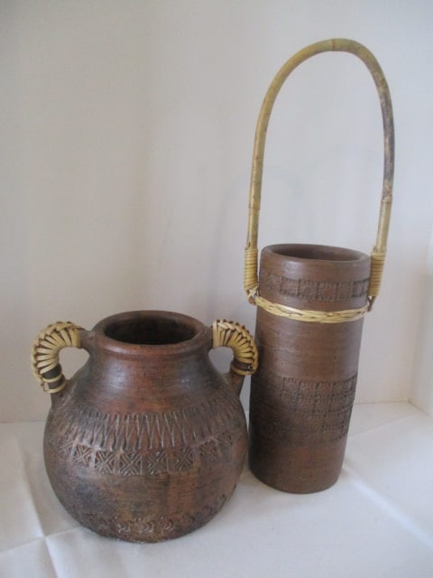 Two Handled Earthenware Pottery Vessels with Woven Accents and Impressed Designs (1 of 6)