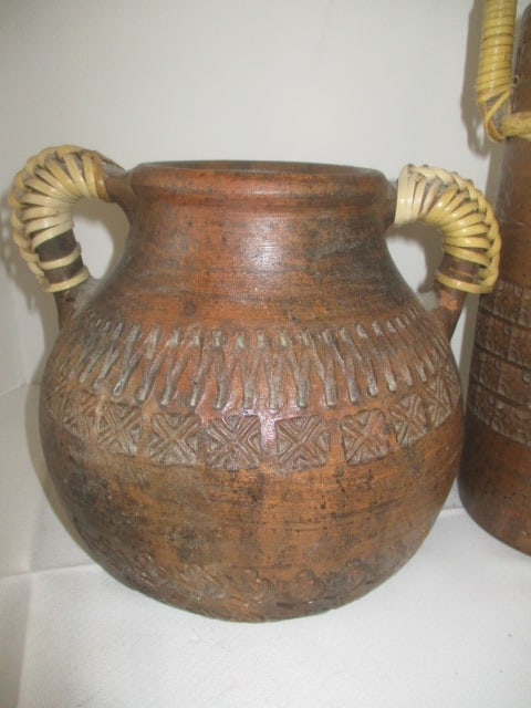 Two Handled Earthenware Pottery Vessels with Woven Accents and Impressed Designs - 2