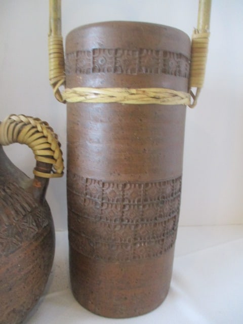 Two Handled Earthenware Pottery Vessels with Woven Accents and Impressed Designs - 3