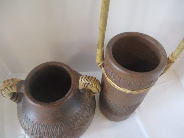 Two Handled Earthenware Pottery Vessels with Woven Accents and Impressed Designs - 4