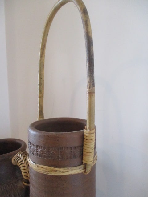 Two Handled Earthenware Pottery Vessels with Woven Accents and Impressed Designs - 5