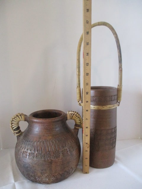 Two Handled Earthenware Pottery Vessels with Woven Accents and Impressed Designs - 6