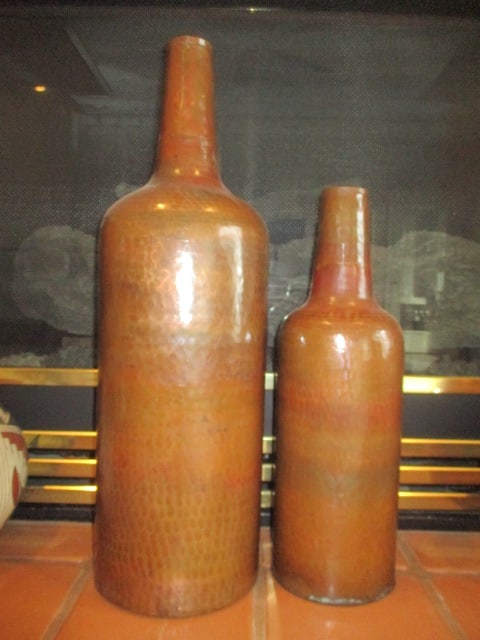 Two Tall Hammered Copper Bottle Vase/Vessel: 18"h, 25 1/2"h 