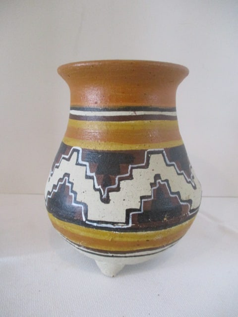 Handpainted Footed Mexican Pottery Vessel (1 of 5)