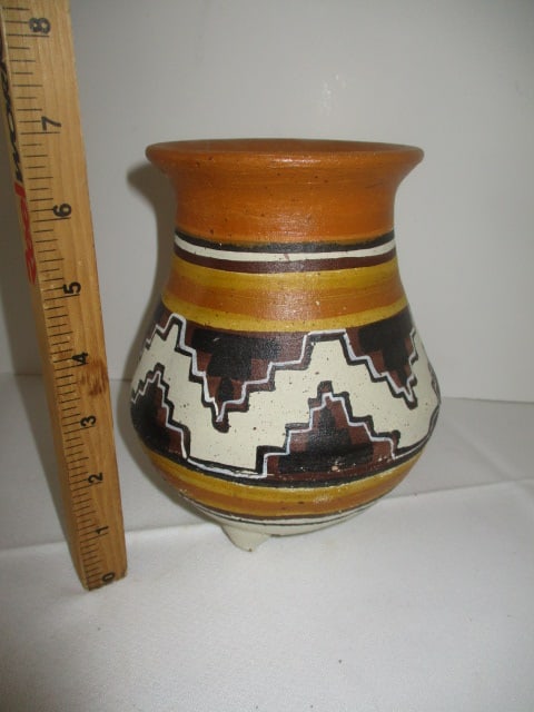 Handpainted Footed Mexican Pottery Vessel - 5