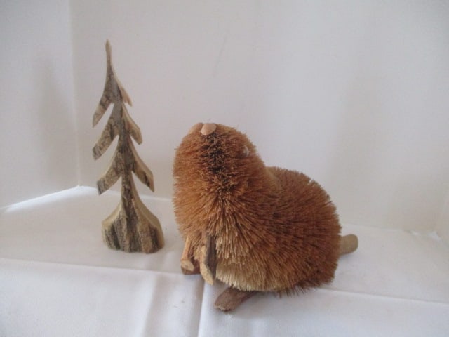 Folk Art Sculpted Natural Straw Beaver and Carved Live Edge Evergreen: Beaver 7 3/4"h, Tree 10 1/2"