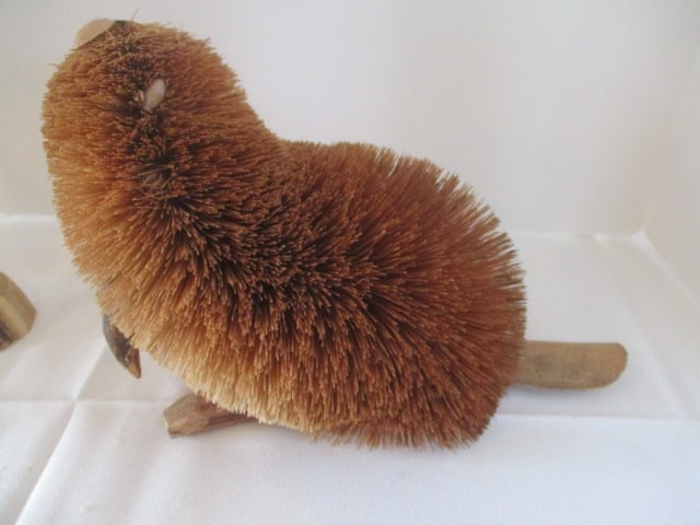 Folk Art Sculpted Natural Straw Beaver and Carved Live Edge Evergreen - 2