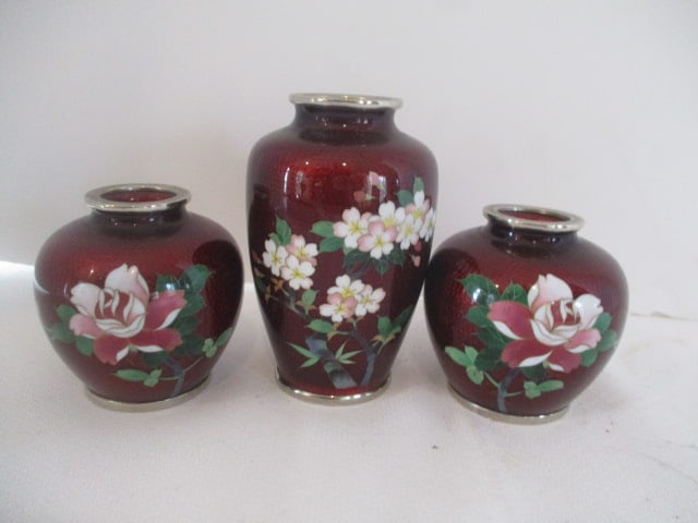 Vintage 3 Piece Japanese Ginbari Cloisonne Vases with Cherry Blossom Design (1 of 4)