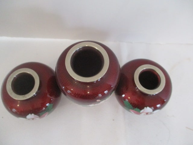 Vintage 3 Piece Japanese Ginbari Cloisonne Vases with Cherry Blossom Design - 2