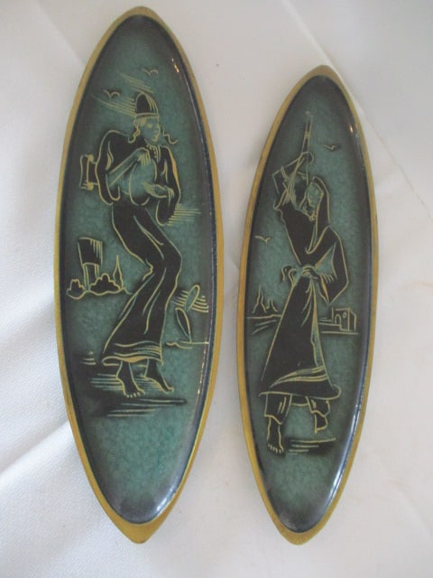 A.N. Oppenheim Black Burnished Enamel Musician Wall Plaques: 3 3/4" x 12", made in Israel 