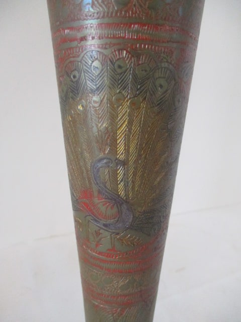 Handpainted Footed Brass Bud Vase with Etched Peacock Design - 2