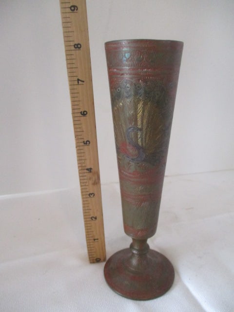 Handpainted Footed Brass Bud Vase with Etched Peacock Design - 5
