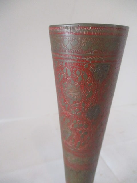 Handpainted Footed Brass Bud Vase with Etched Peacock Design - 6