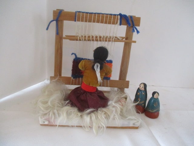 American Indian Navajo Folk Art Sculpture of Weaving Woman and Baby and: Two Handpainted Pottery Native American Women Figures