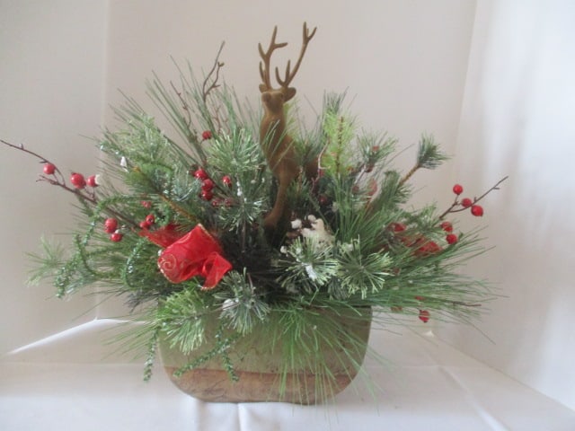Artificial Holiday Centerpiece with Flocked Reindeer in Pottery Planter: approx. 20"h overall 