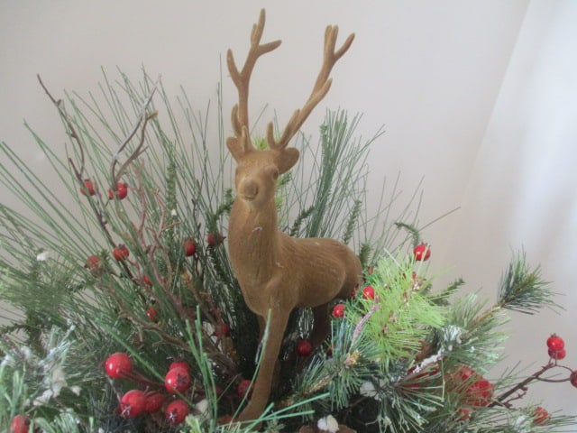 Artificial Holiday Centerpiece with Flocked Reindeer in Pottery Planter - 2