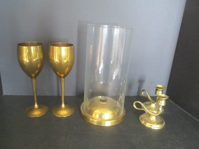 Pair of Brass Goblets, Pair of Brass Fingerhold Candle Holders and Brass Candle Hurricane (1 of 8)