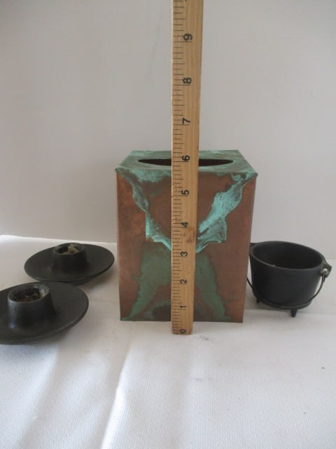Pair of Lonborg Denmark Cast Iron Candle Holders, Cast Iron Pot Ashtray and: Patinaed Copper Tissue Box Cover 
