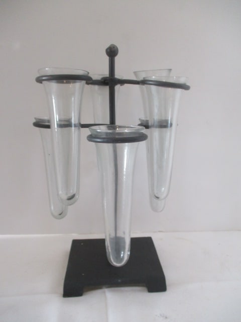 6 Glass Tube Vases in Black Cast Iron Metal Stand: 12 1/2"h 