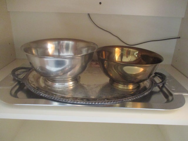 Silverplate Serving Tray, Aluminum Serving Tray, Brass and Pewter Revere Bowls (1 of 8)