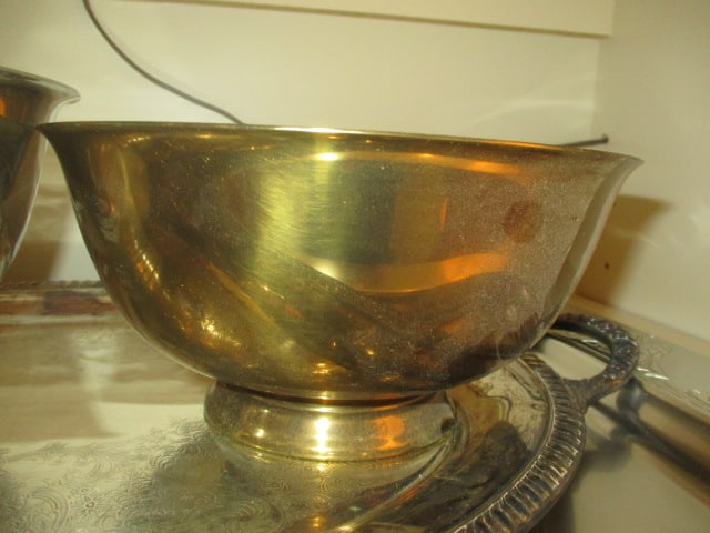Silverplate Serving Tray, Aluminum Serving Tray, Brass and Pewter Revere Bowls - 4