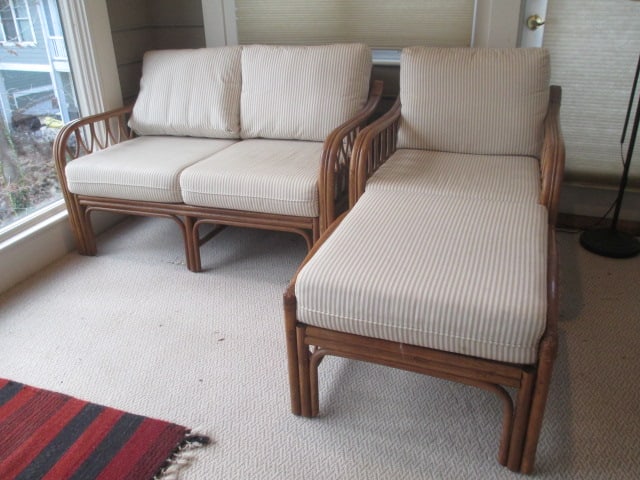 Midcentury Rattan Love Seat, Arm Chair and Ottoman (1 of 13)