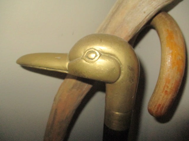 Brass Duck Head Cane, Bent Wood Hook Cane and Live Edge Walking Stick - 6