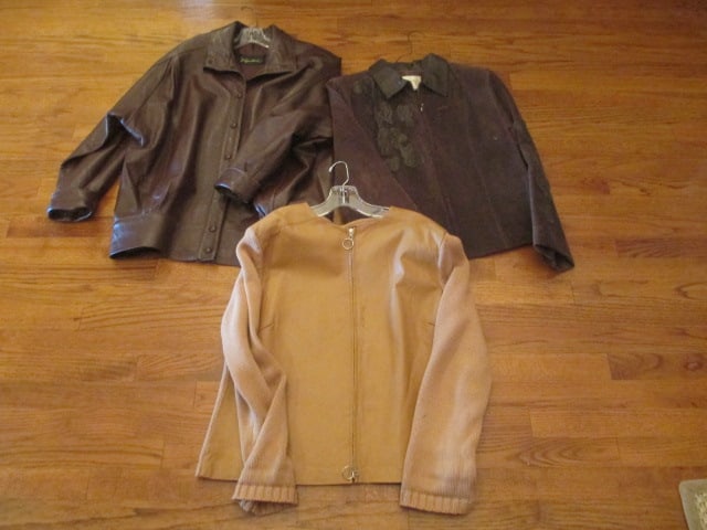 Ladies Maurice Sasson Leather Accent Sweater Jacket, Margaret Godfrey Suede Jacket and: Rosenthal Leather Jacket. Sizes Xlarge and 14 
