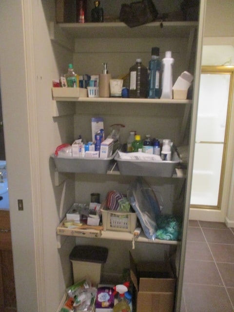 Contents of Hall Closet-Cleaning Supplies, Woven Baskets, Vases, Ironing Board, (1 of 4)