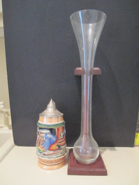 Riekes-Crisa "Yard of Beer" Stein in Black Walnut Stand and German Stoneware Stein with Pewter Lid: Stoneware Stein 8 1/2", Yard of Stein 18"h 