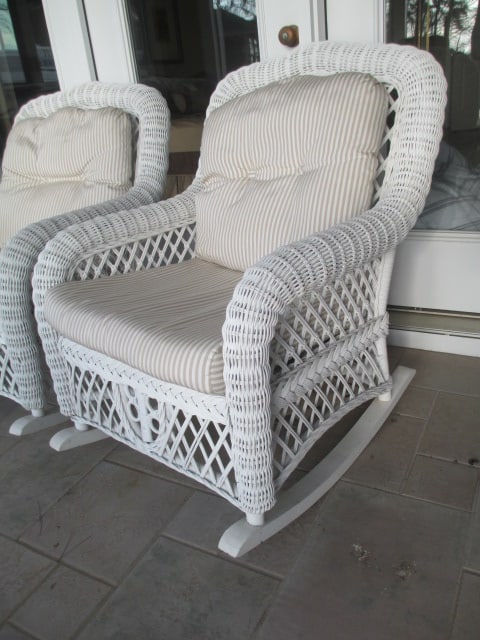 Pair of Painted White Wicker Rockers with Removable Seat/Back Cushions - 2