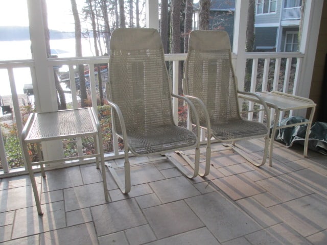 Pair of High Back Metal Frame Painted Cream Woven Bouncy Chair: 29"w, some slight weathering, Local Pickup Only 