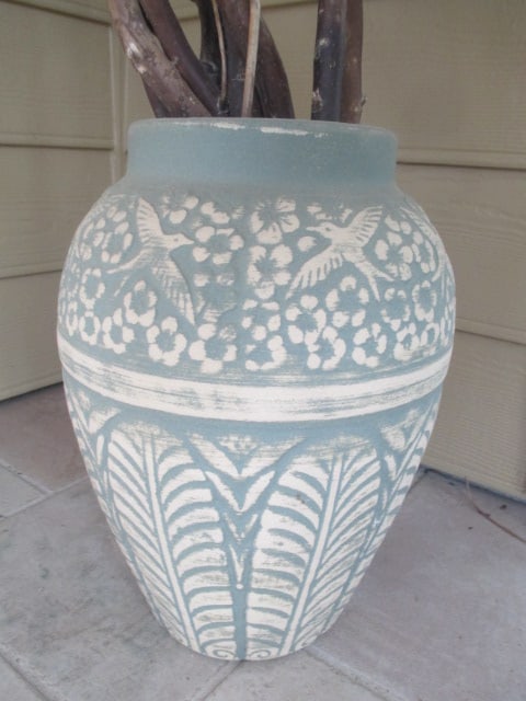 Bird and Flower in Relief Design Clay Vessel with Twig Arrangement - 2