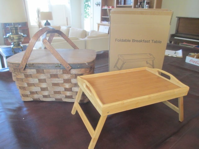 Old Split Oak Picnic Basket and New Bamboo Folding Breakfast in Bed Tray (1 of 9)