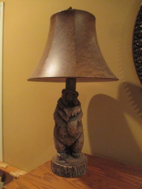 Sculpted Bear Leaning on Tree Trunk Table Lamp with Leather Look Shade (1 of 8)