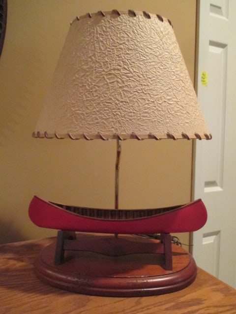 Wooden Model Canoe Table Lamp with Textured Paper Shade with Leather Laced Edge (1 of 7)