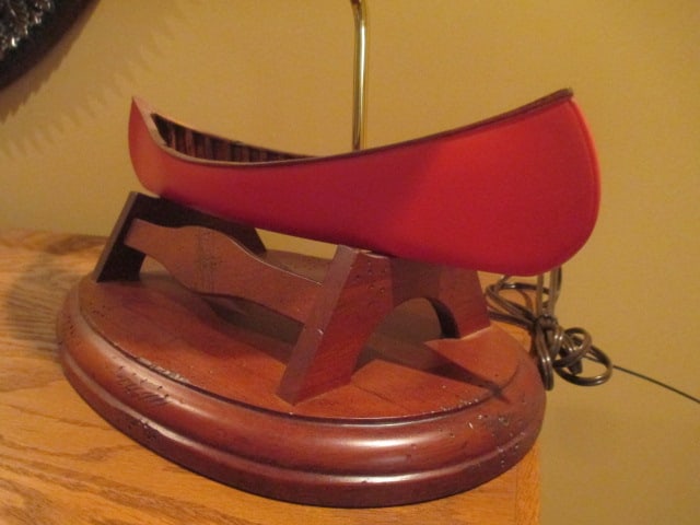 Wooden Model Canoe Table Lamp with Textured Paper Shade with Leather Laced Edge - 3