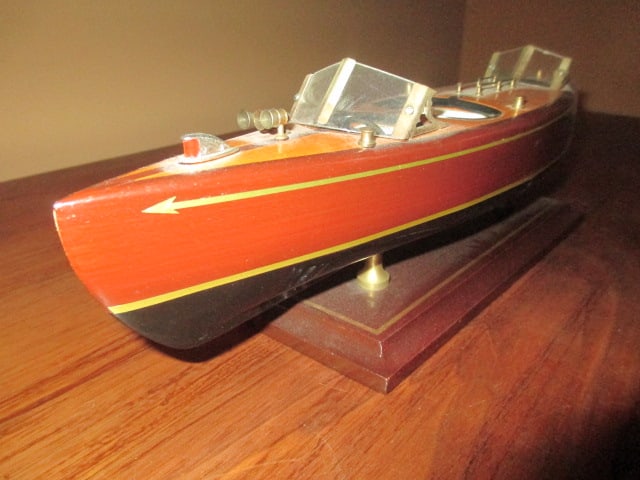 Wood Scale Model Chris-Craft Triple Cockpit Runabout Speed Boat on Wood Stand - 3