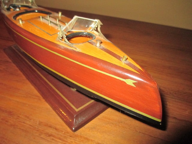 Wood Scale Model Chris-Craft Triple Cockpit Runabout Speed Boat on Wood Stand - 4