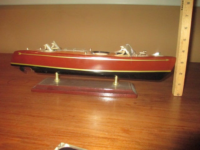 Wood Scale Model Chris-Craft Triple Cockpit Runabout Speed Boat on Wood Stand - 5