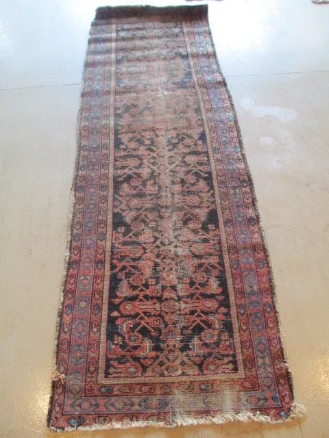 Vintage Burgundy and Navy Turkish Hand Woven Runner: approx. 30" x 92", age/use wear to pile and some repairs-see pictures and preview, Local Pickup Only 