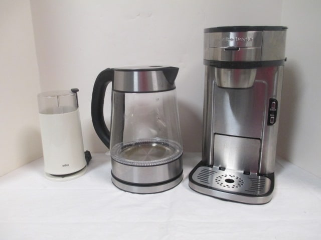 Hamilton Beach Single Cup Coffee Maker, Braun Coffee Grinder, &: Peach Street Coffee Carafe w/Warming Plate