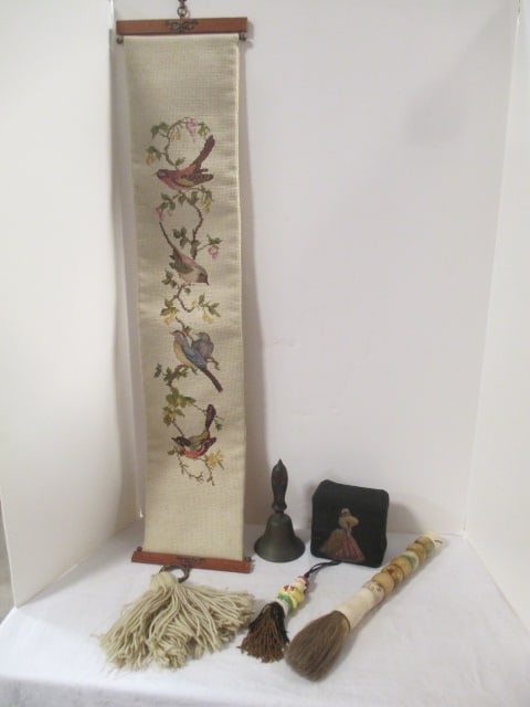 Needlepoint Door Bell Pull, Needlepoint Door Stop,: Brass Onyx/Bone Handle Horsehair Chinese Calligraphy Brush, Porcelain China Man beaded Tassel Pull and Brass Hand Bell. Hand Bell missing clapper