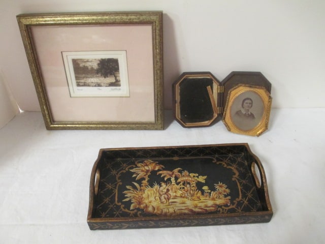 Daguerrotype Frame w/photo, Chinoiserie Tray, &: F/M Etching by Mead? (8 x 8) #15/100 