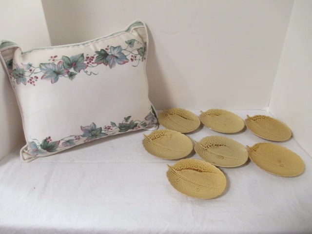 Floral Vine Throw Pillow & Yellow 5" Leaf Plates (Lot of 7): one chipped 