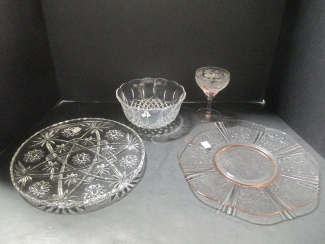 Pink Depression Glass Tray and wine glass, Clear Glass Serving Tray and Crystal Bowl: .