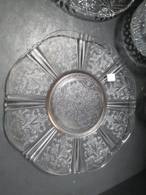 Pink Depression Glass Tray and wine glass, Clear Glass Serving Tray and Crystal Bowl - 2